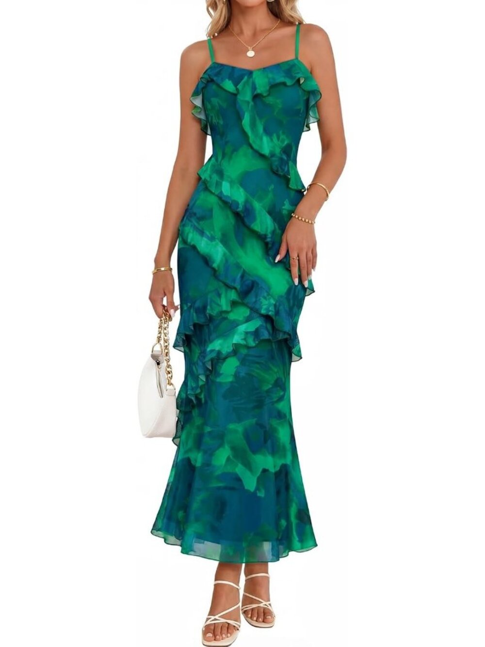 Women's Green Shoulder Sleeve V Neck High Waist Backless Wedding Dress
